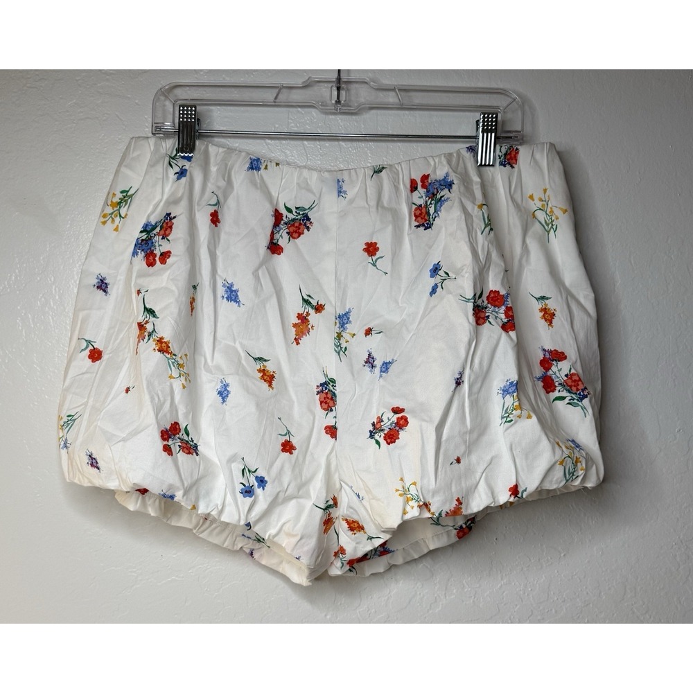 WAYF‎ Womens White Chic Floral Stretch Cotton Bubble Hem Puff Shorts Size L New